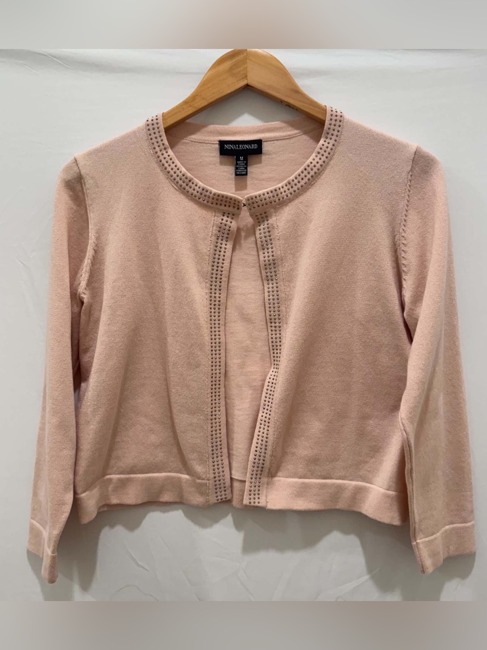Nina Leonard Blush Pink Studded Trim Open-Front Cardigan
